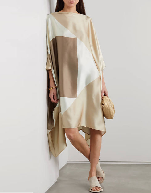 Beige & White Soft Satin Silk Kaftan Closure View